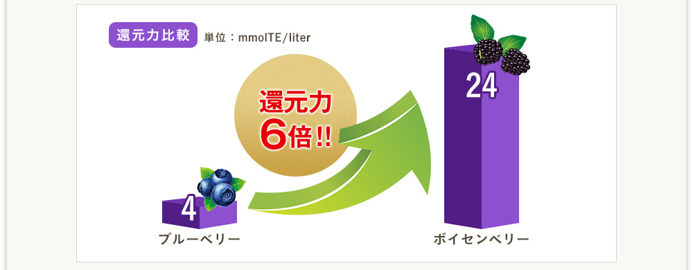 [還元力比較]　ボイセンベリーはブルーベリーの6倍