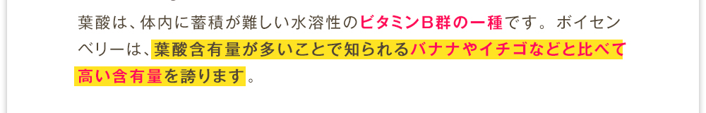 葉酸は、体内に蓄積が難しい水溶性のビタミンB群の一種です。 ボイセンベリーは、葉酸含有量が多いことで知られるバナナやイチゴなどと比べて高い含有量を誇ります。